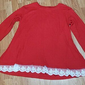 Sanifer red with white bottom lace beautiful long sleeve top size XL - EUC